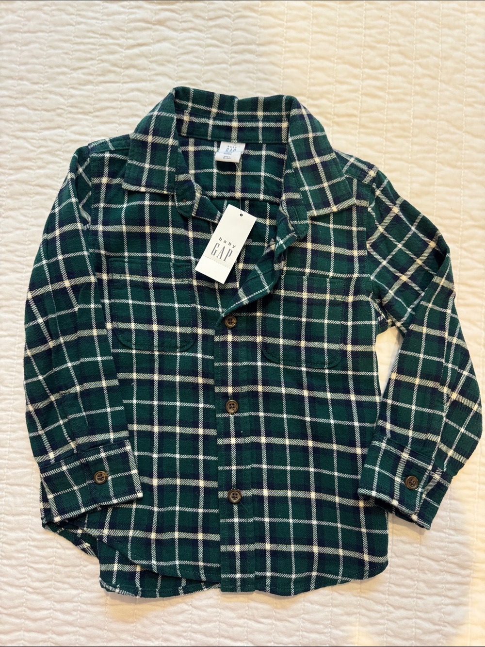 GAP Kids Dark Green and White Plaid Button-Down Shirt